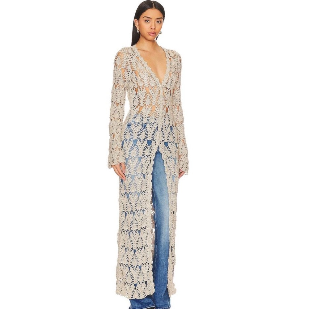 Tularosa Aver Crochet Maxi Cardigan Sweater Duster Beige Long Sleeve - Picture 2 of 9